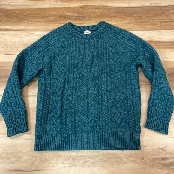 J. Crew Rugged Merino Wool Blend Cable Knit Sweater Mens Large Teal Green Raglan - Picture 1 of 8